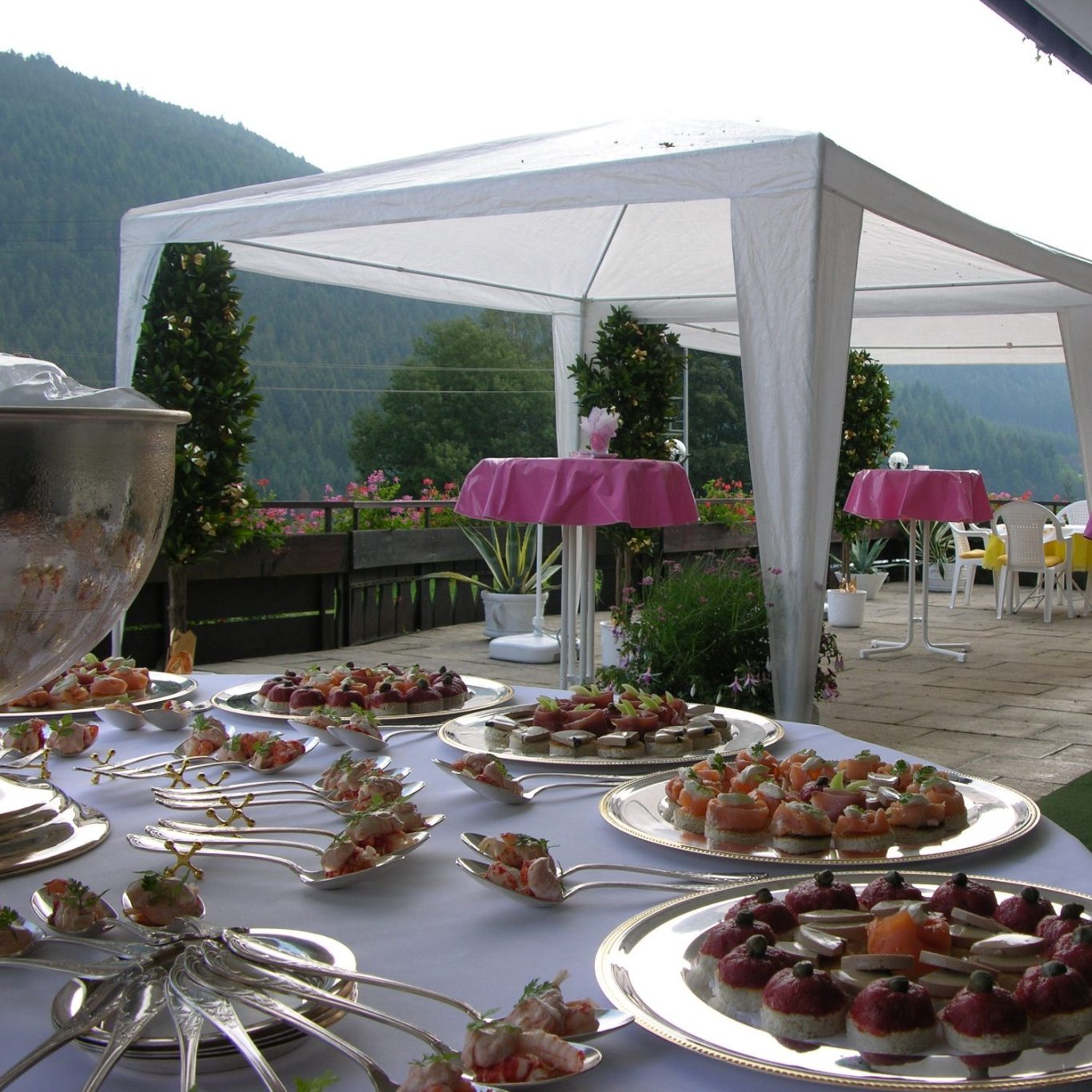 Catering-Buffet mit liebevoll angerichtetem Fingerfood auf einer Terrasse mit Blick in die Schwarzwaldlandschaft